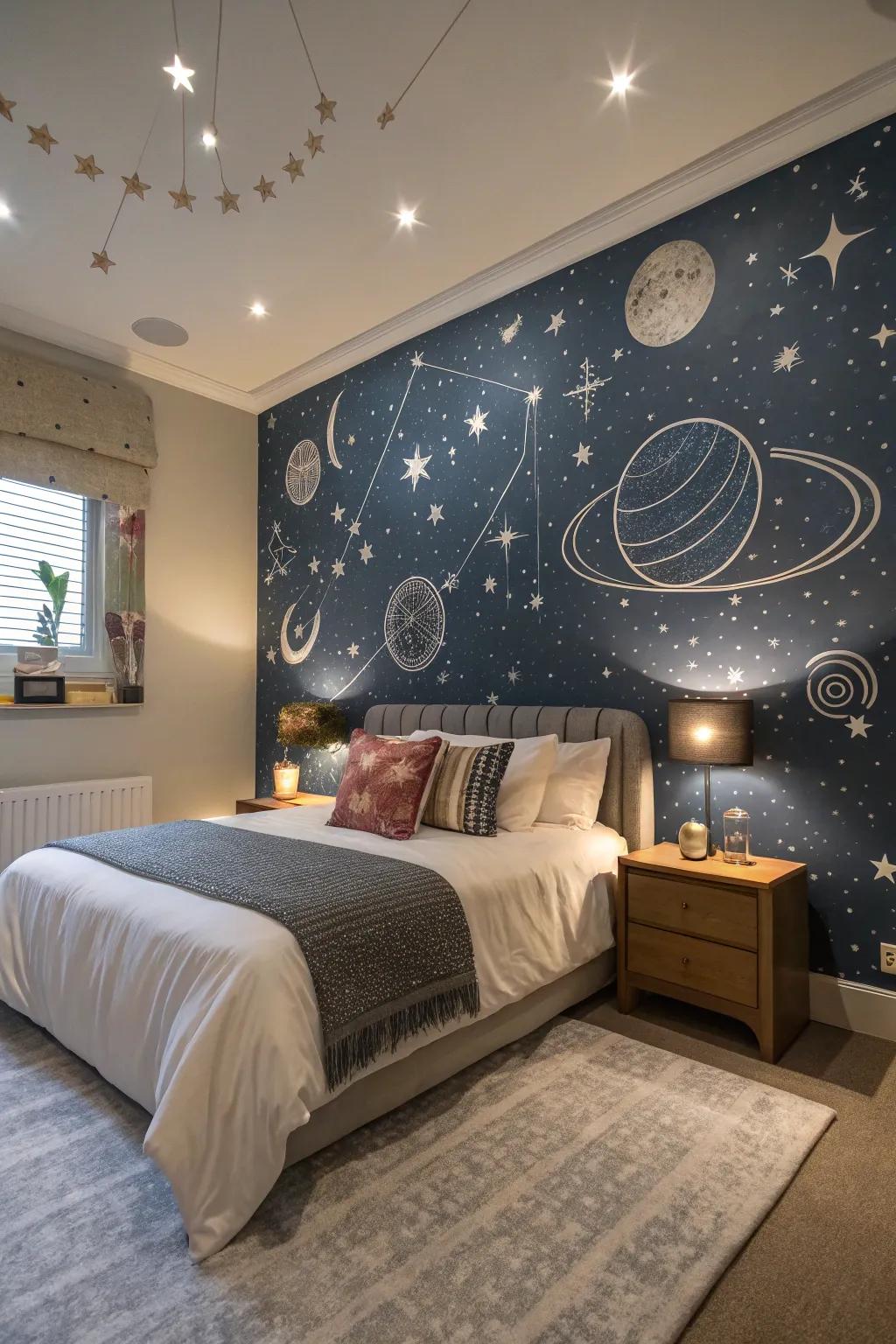 A personal space with a celestial-inspired wall featuring a display of stars and planets.