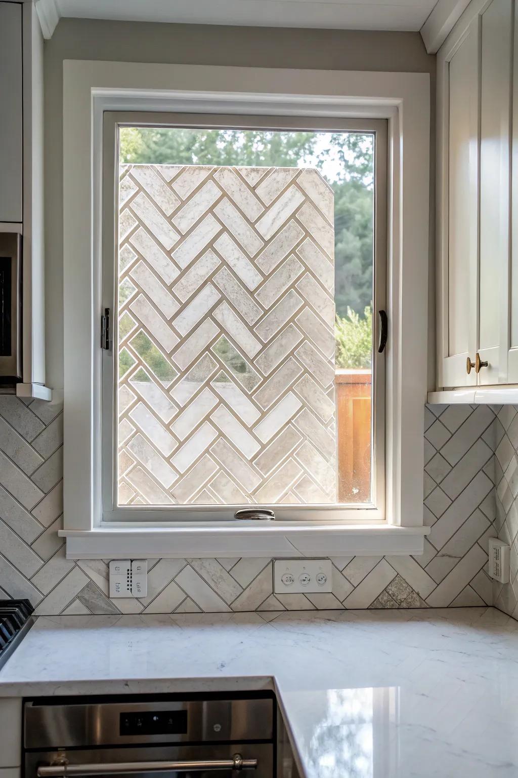 A vibrant chevron tile pattern accentuating a kitchen window.