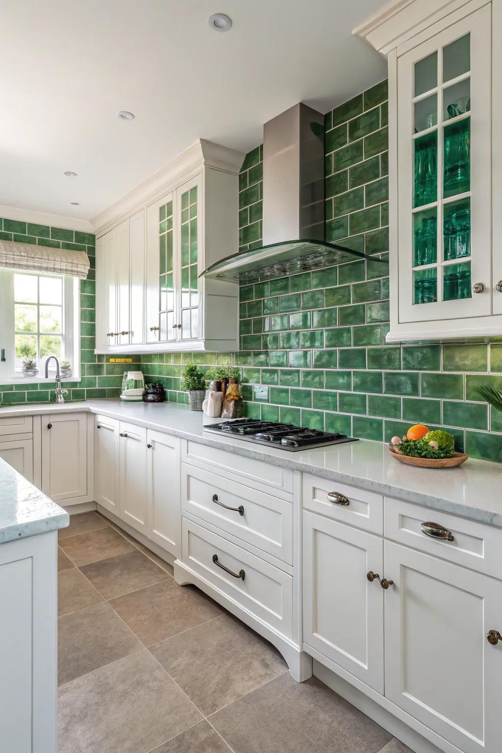 Chartreuse tiles contribute a soothing component to this modern white kitchen.