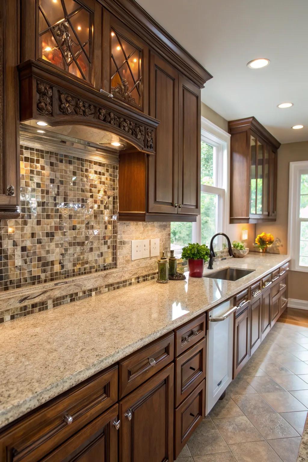 Glass shards introduce an elegant touch to fantasy brown granite.