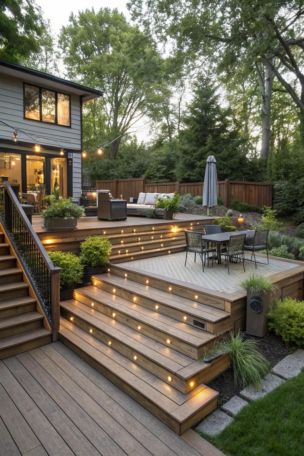 Multi-level decks contribute depth and flair.