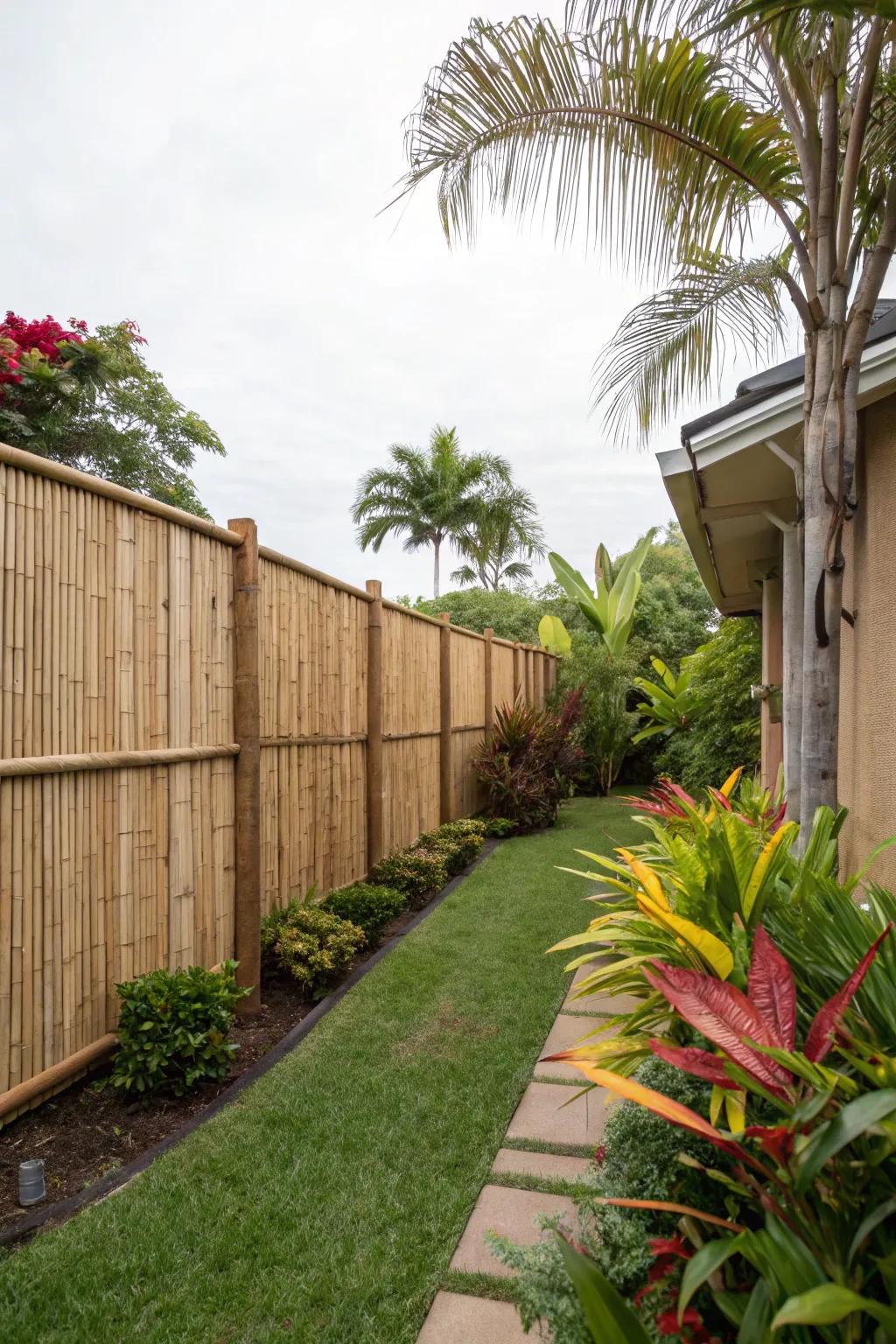 Tall bamboo fencing provides seclusion with a tropical influence.