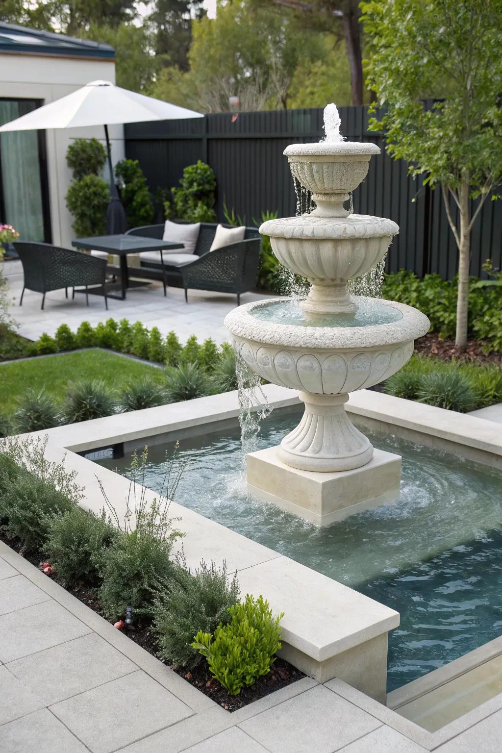 A creative art cascade becomes the central attraction in an innovative garden layout.