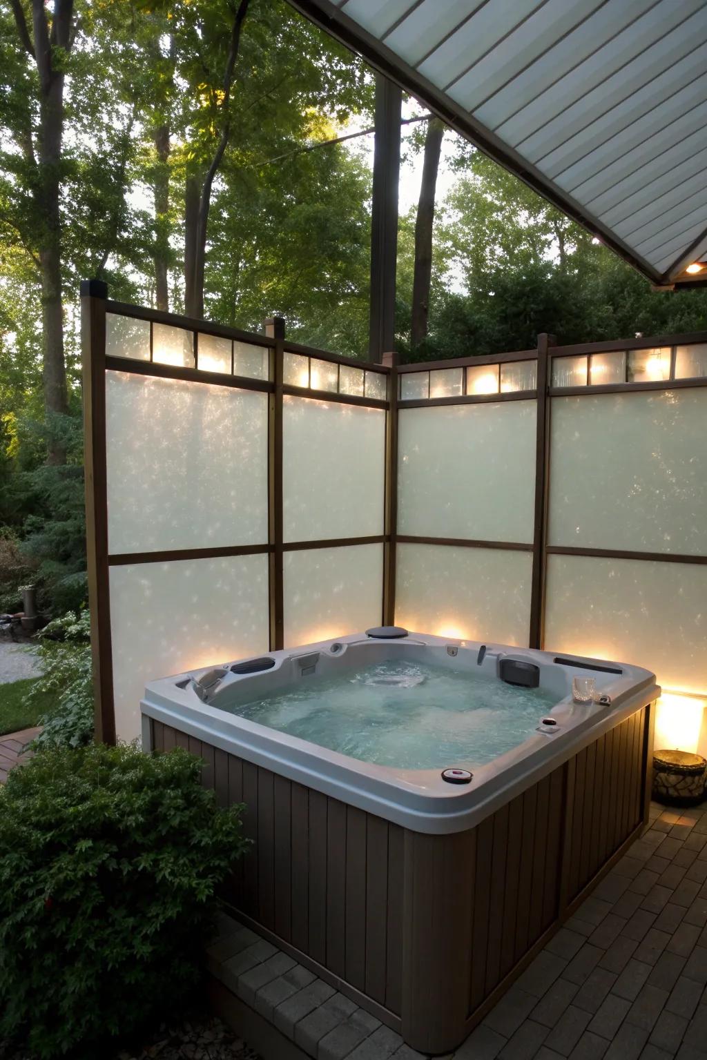 Etched glass screens offer a sleek and modern solution for spa privacy.