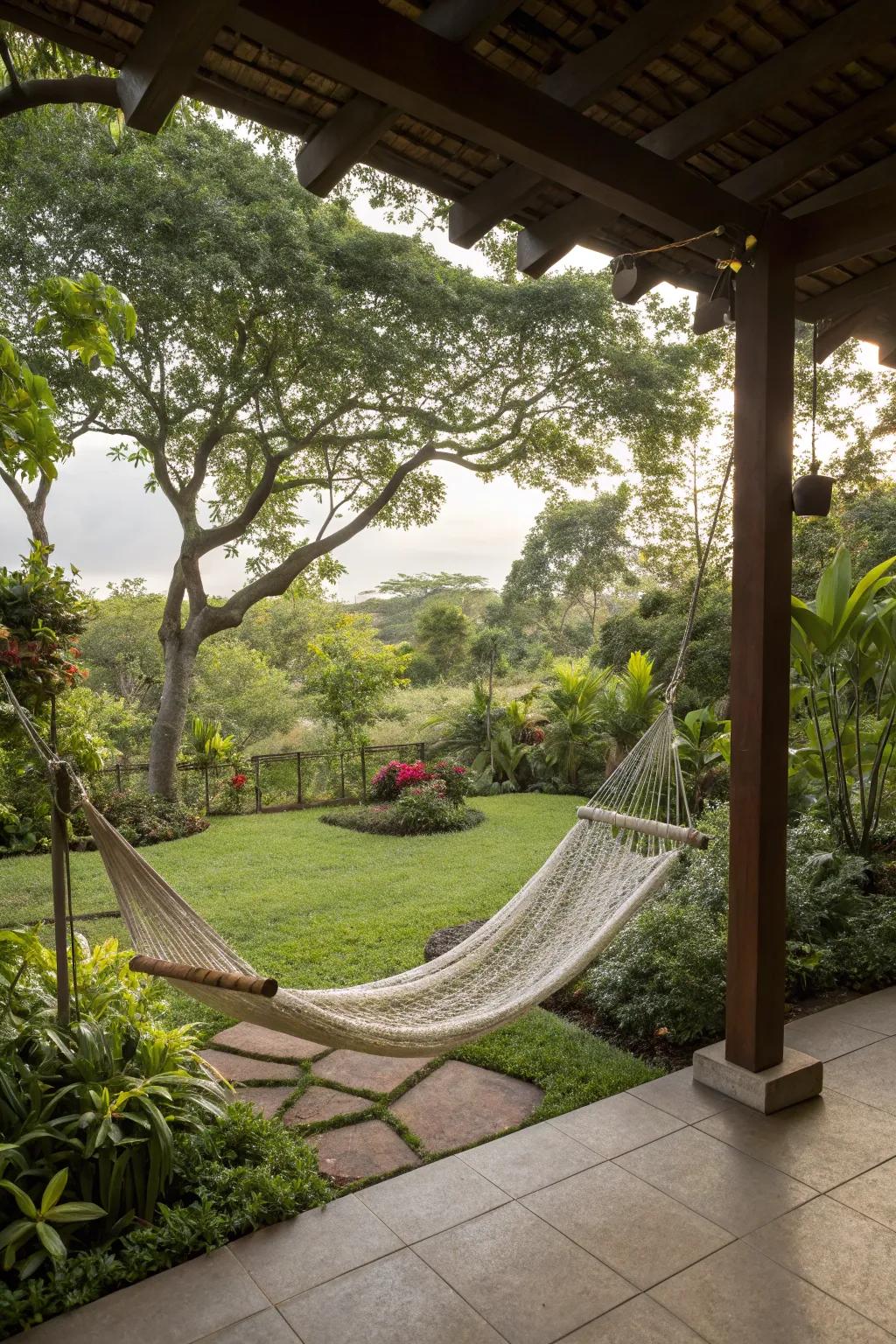 A comfy hammock inviting you to relax in a backyard veranda.