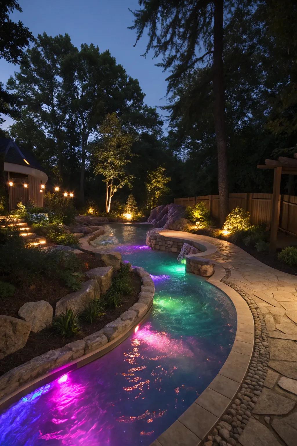 A beautifully illuminated lazy river pool, creating a magical radiance.