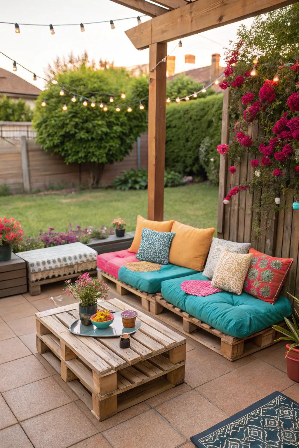 Pallets converted into comfortable outdoor seating enhanced with vibrant cushions.