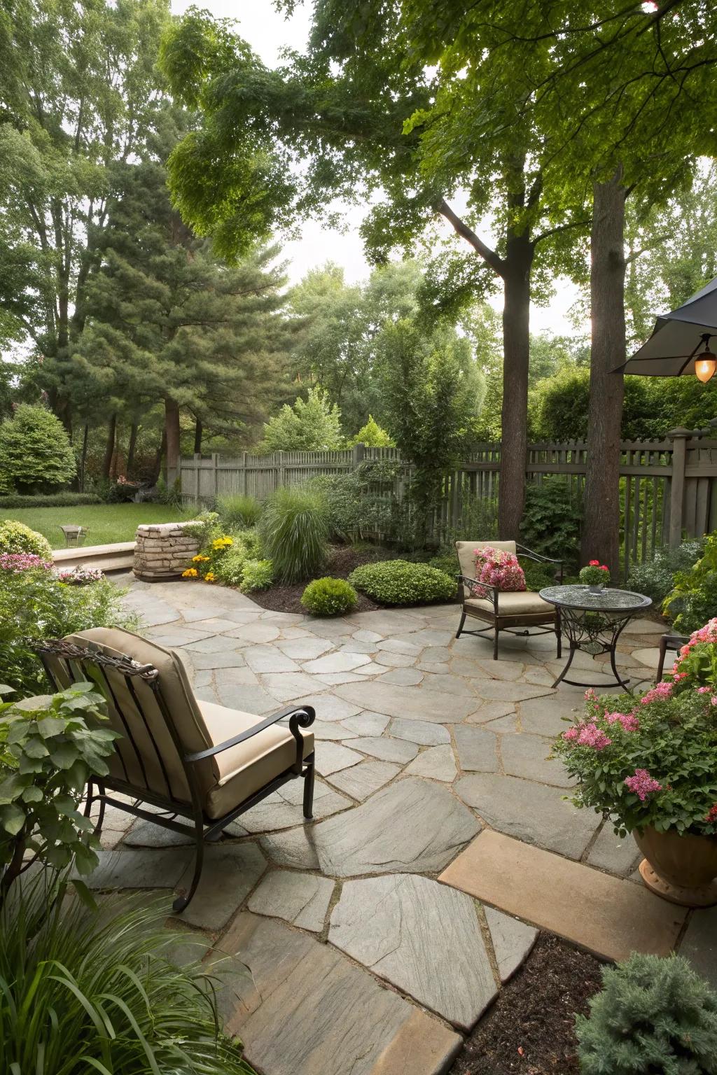 Natural stone flooring accentuates the rustic attraction of your patio.