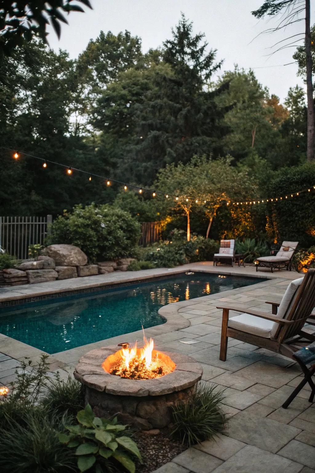 An inviting pool area featuring a fire pit for evening gatherings.