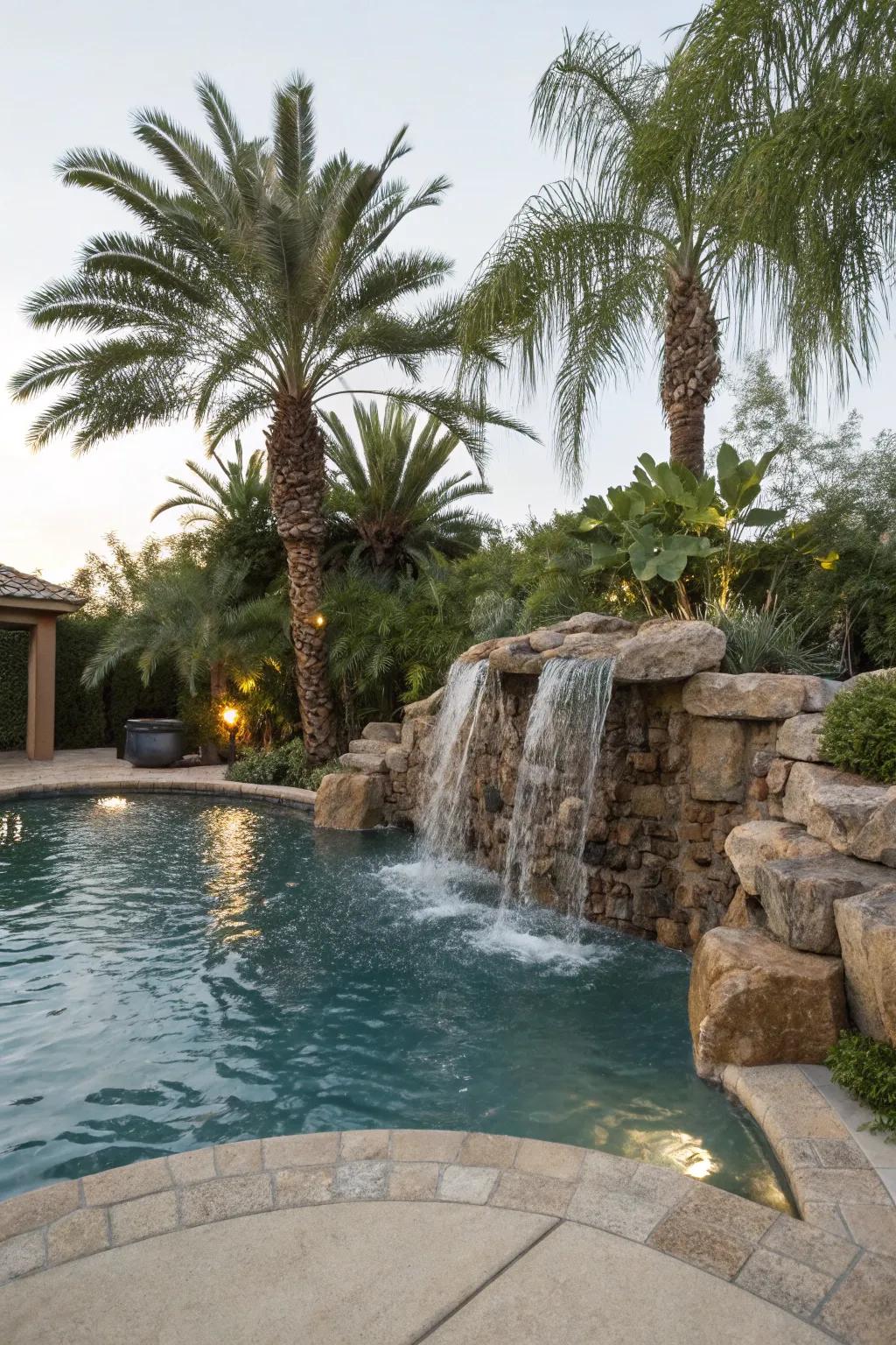 A cascading water feature amplifies the luxury and tranquility of this pool area.