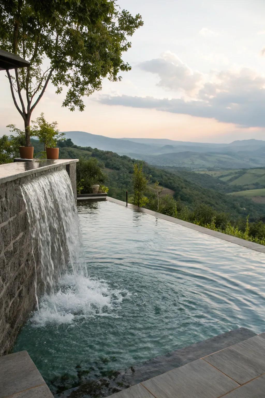 An infinity edge waterfall seamlessly blends your pool with the landscape.