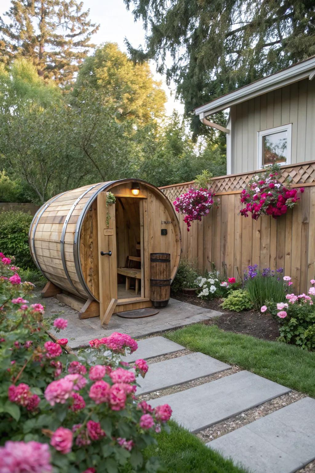 A snug barrel sauna designed for cozy spaces.