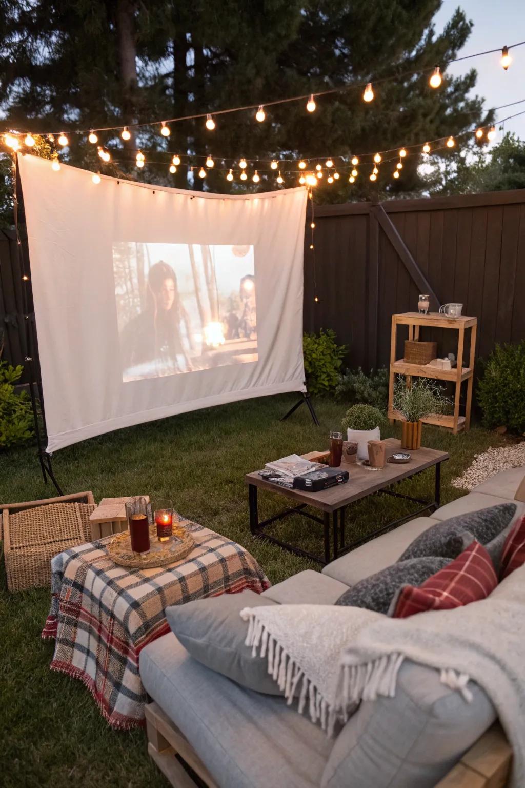 An enticing open-air film evening configuration under the stars.