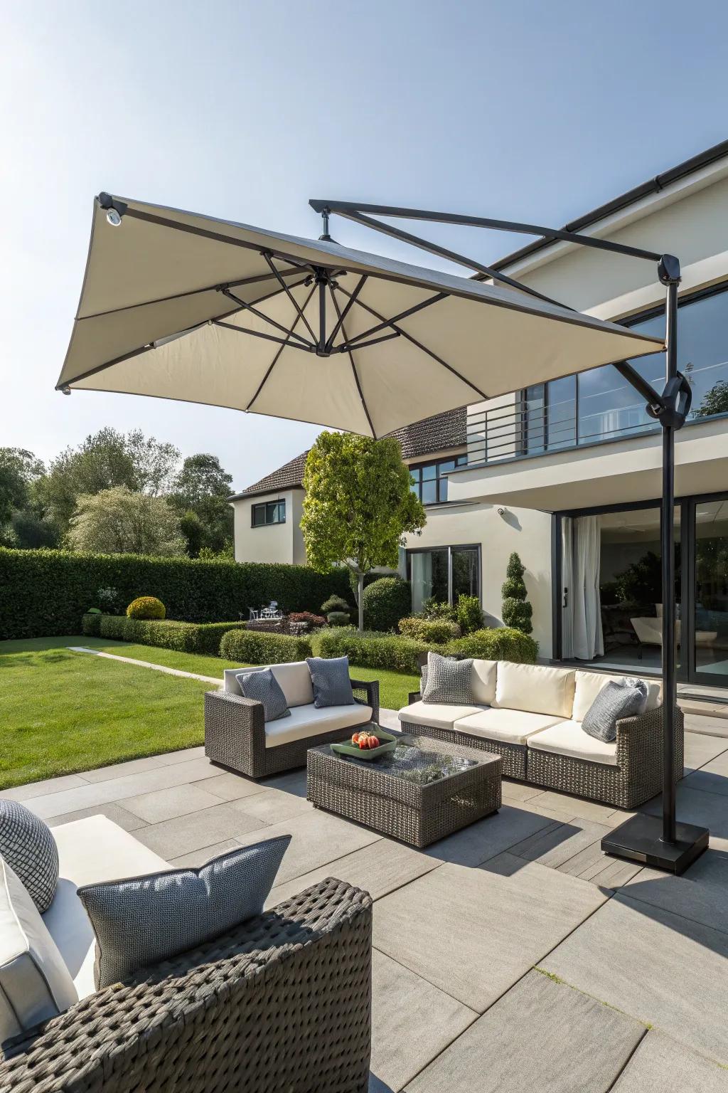 A stylish cantilever umbrella providing versatile shade.