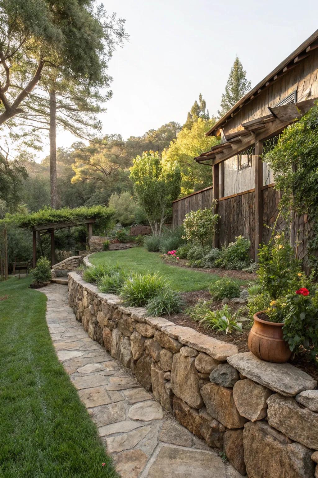 Stone guarding walls evoke a countryside charm.