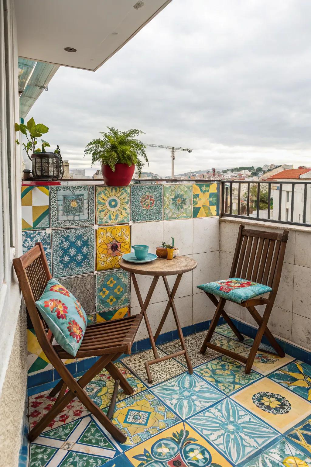 Colorful flooring injects life and personality into any balcony.
