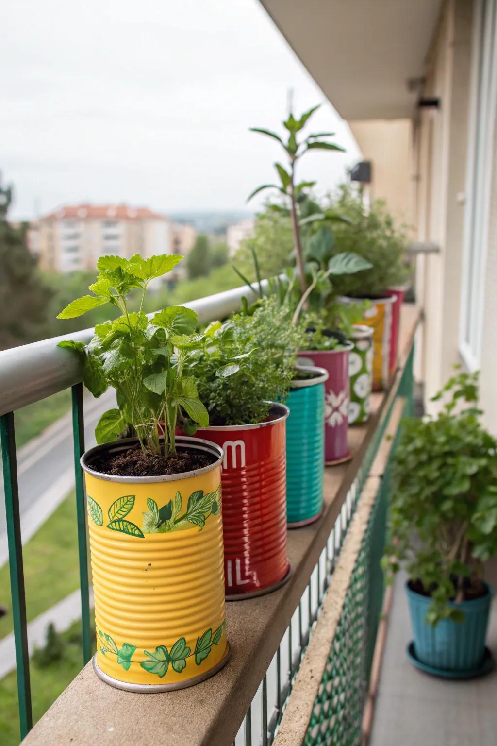 Reused metal containers create delightful and eco-conscious herb containers.