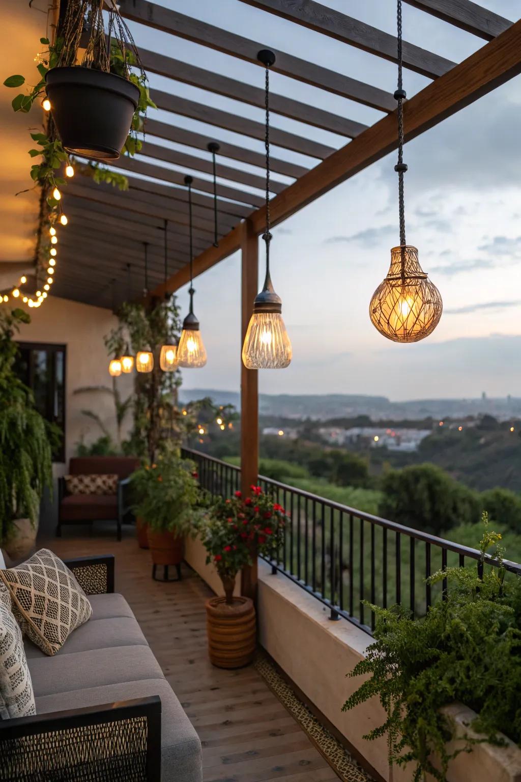 Solar pendant lights are charming and eco-friendly for balcony lighting.