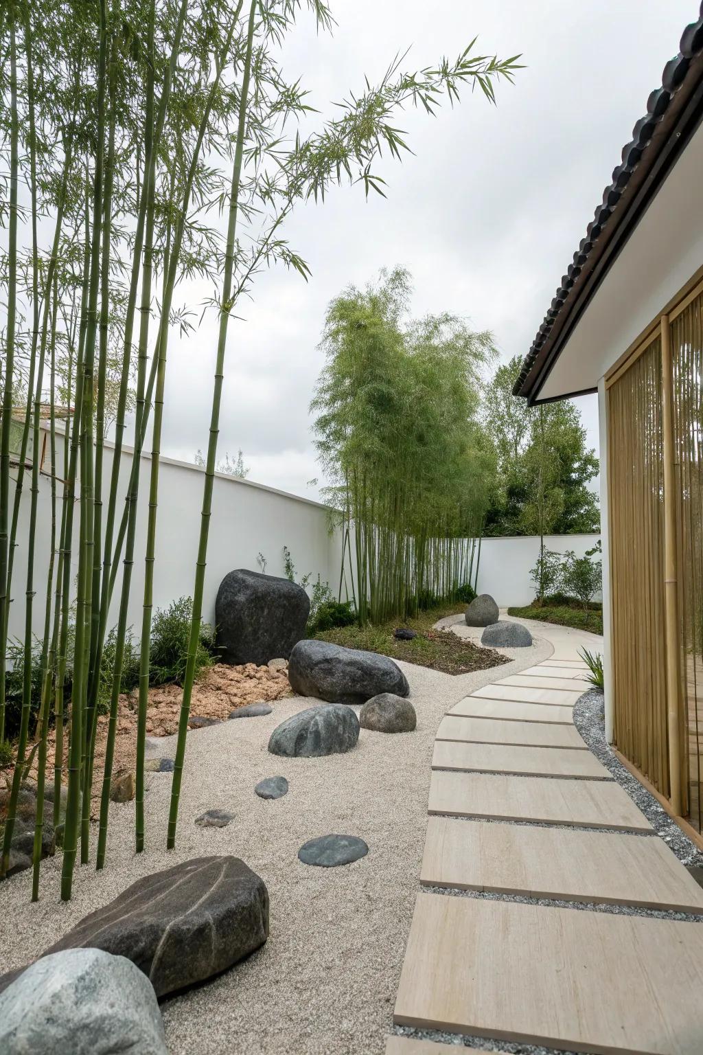 A Zen garden featuring bamboo for a deeply calming environment.