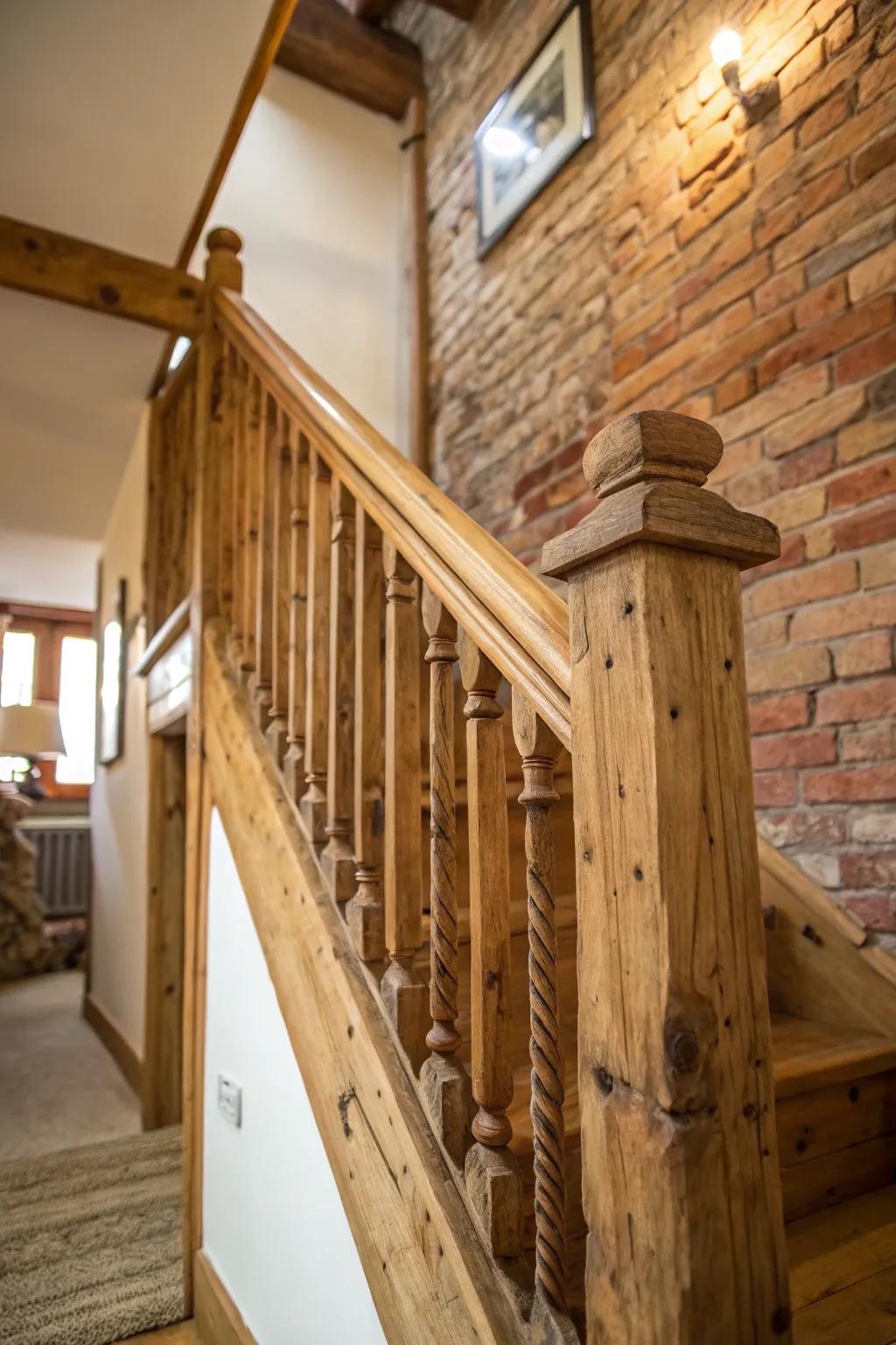 Rustic charm with a wood staircase rail complemented by exposed brick.