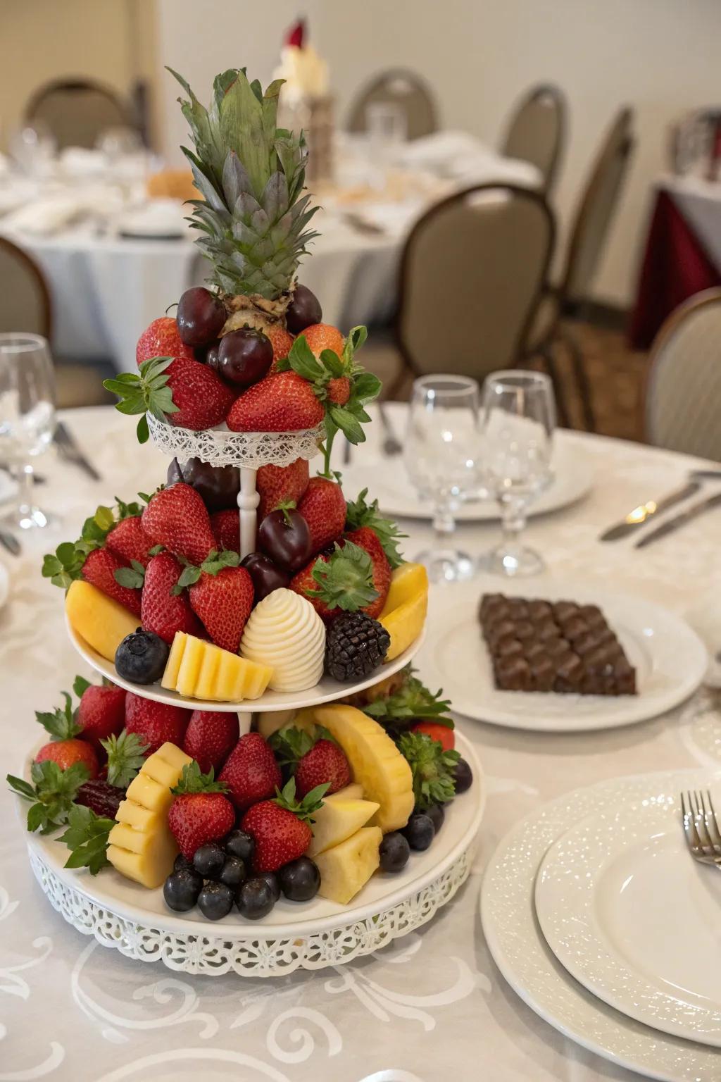 An inviting edible centerpiece adorned with fruits and chocolates.