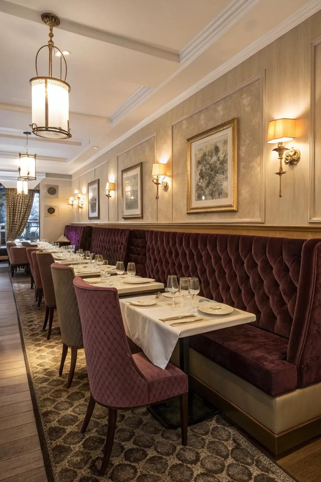 Elegant banquette seating covered in velvet, bringing an element of sophistication.