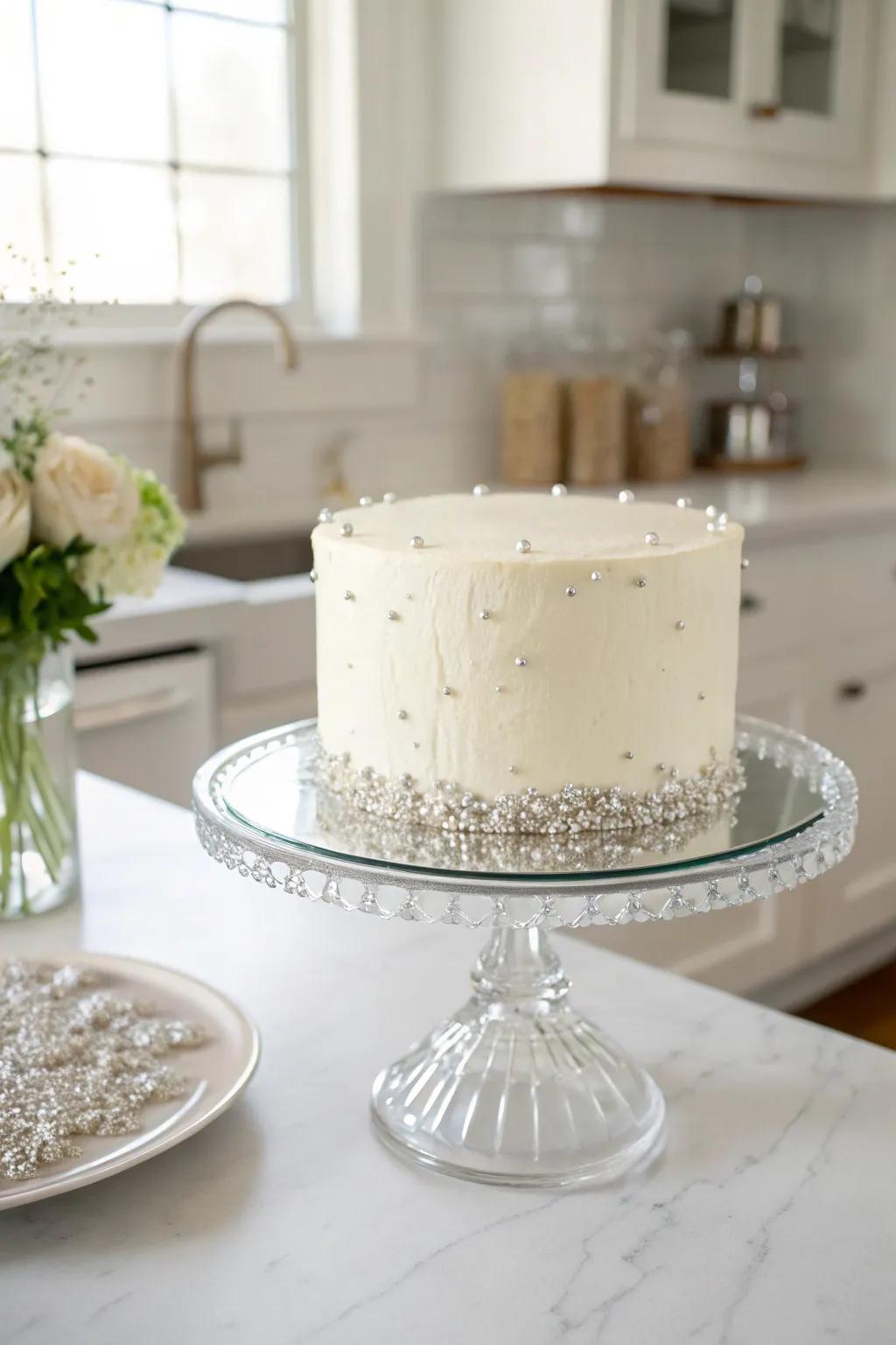 A pure white cake with a subtle shimmer.