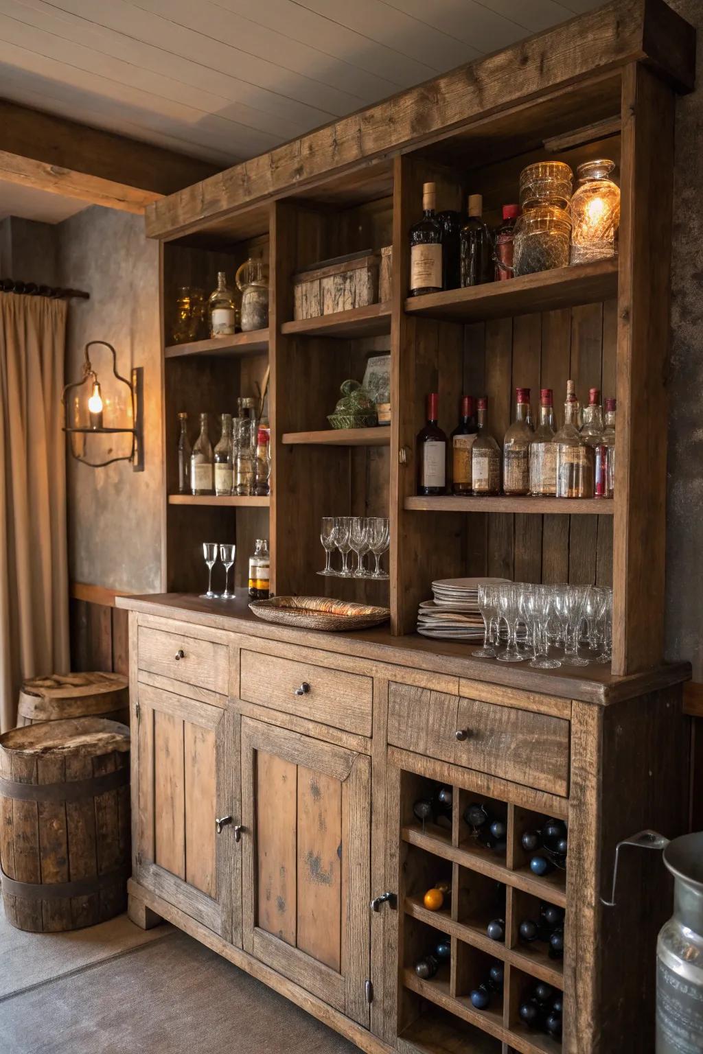 Inviting warmth and charm emanate from a rustic wooden bar cabinet.