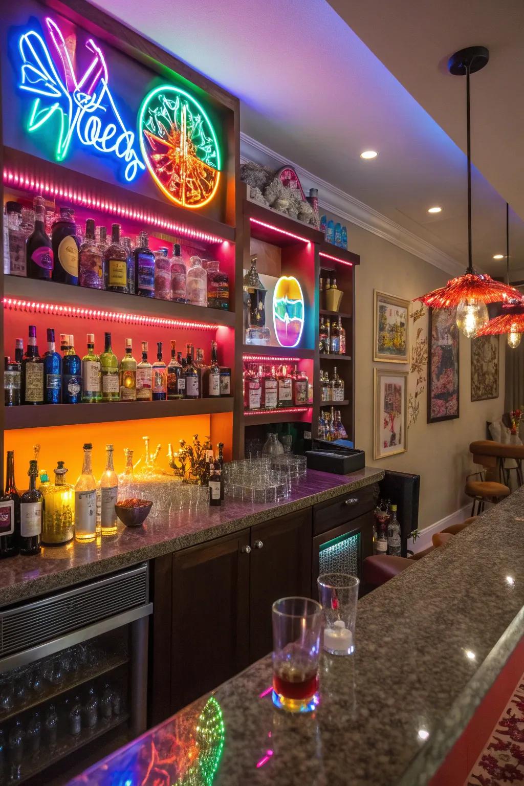 Neon signs infuse the bar with a vibrant and lively feel.
