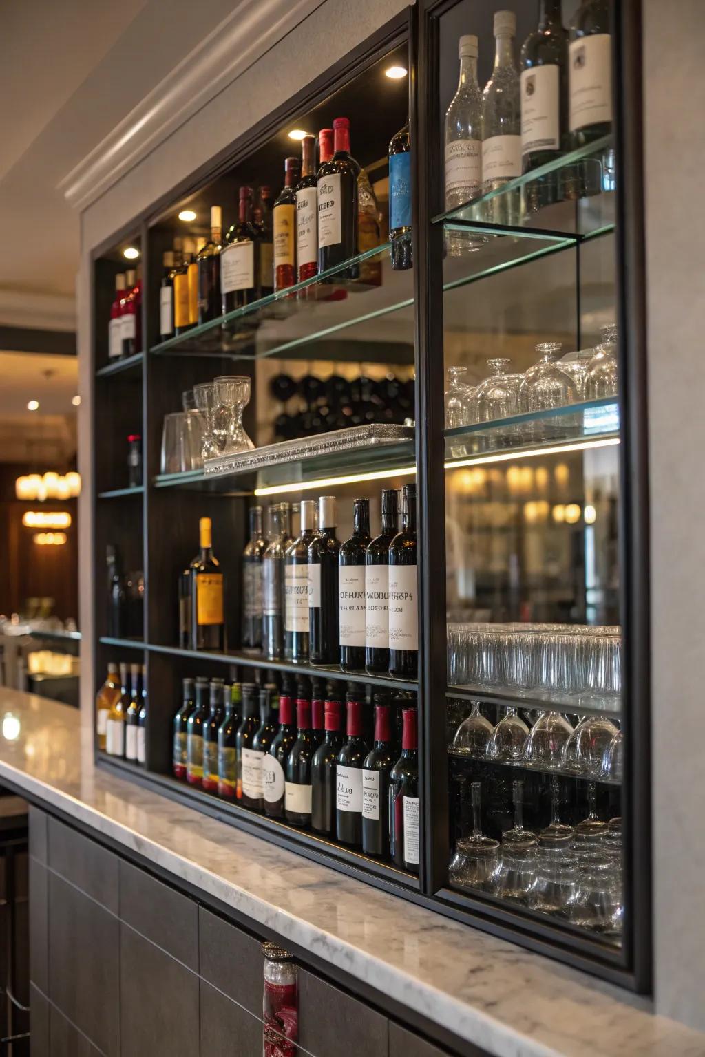 Bottle holders integrated into a bar mirror offer a balance of refinement and practicality.