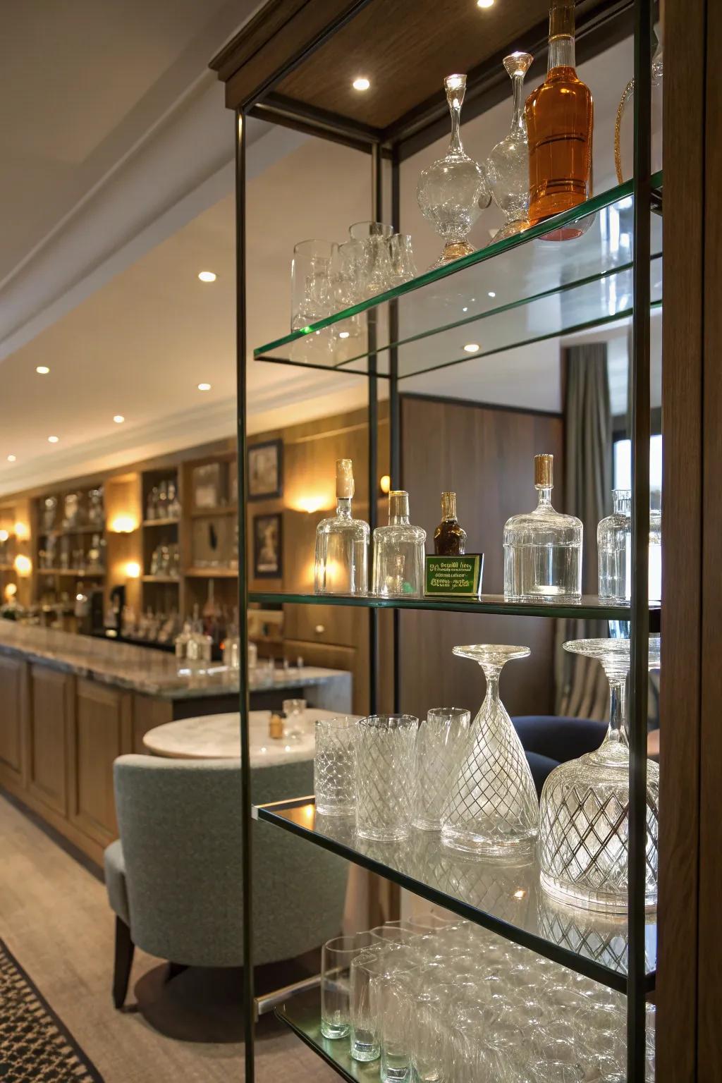 Transparent shelves raise the sophistication of your home bar.