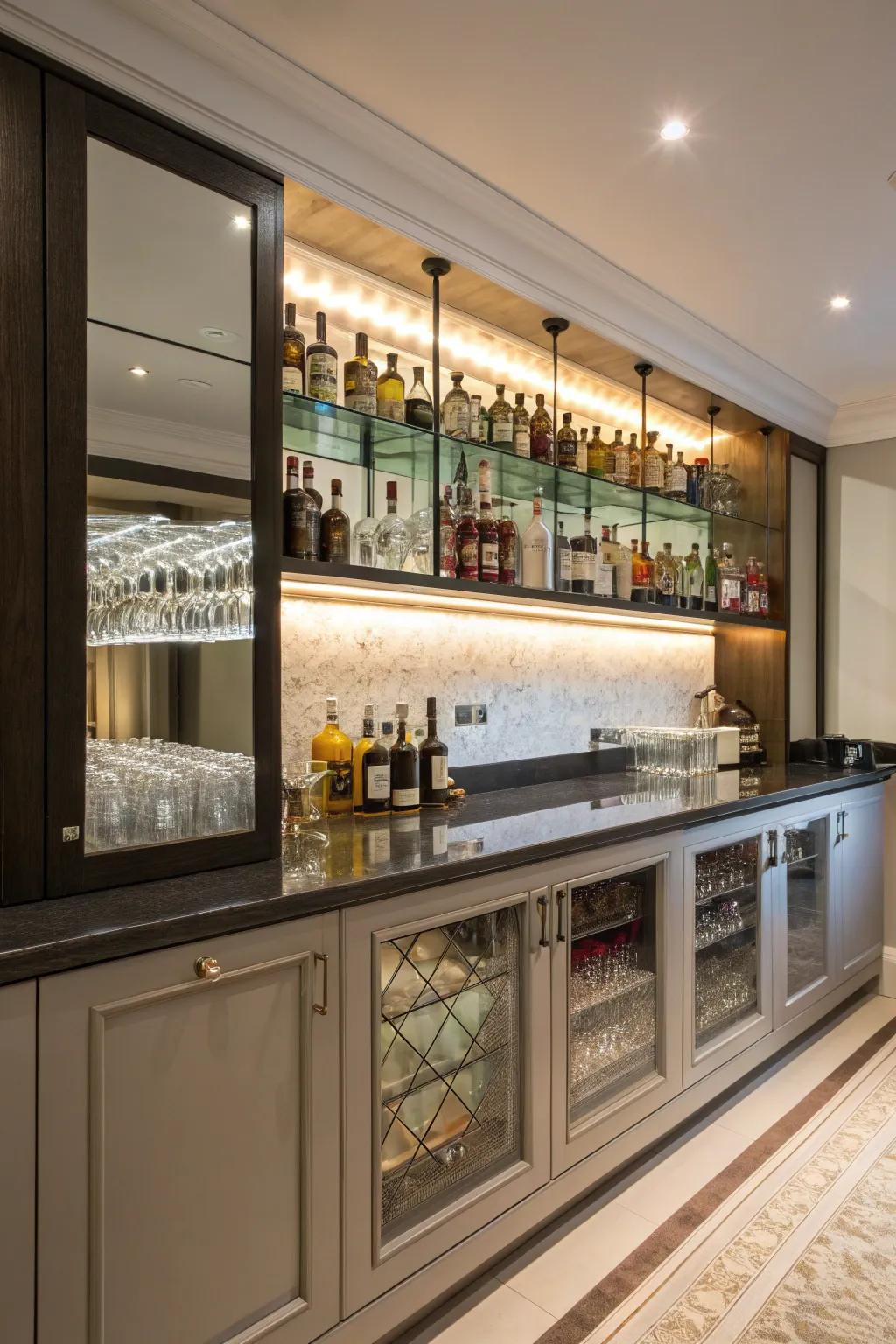 Reflective wall panels add perspective and a hint of charm to your bar area.