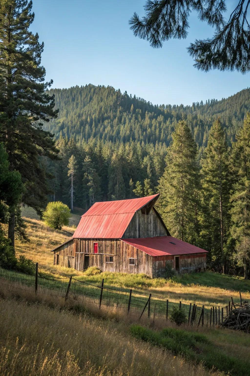 A barn painted in natural earthy colors, harmoniously fitting into its setting.