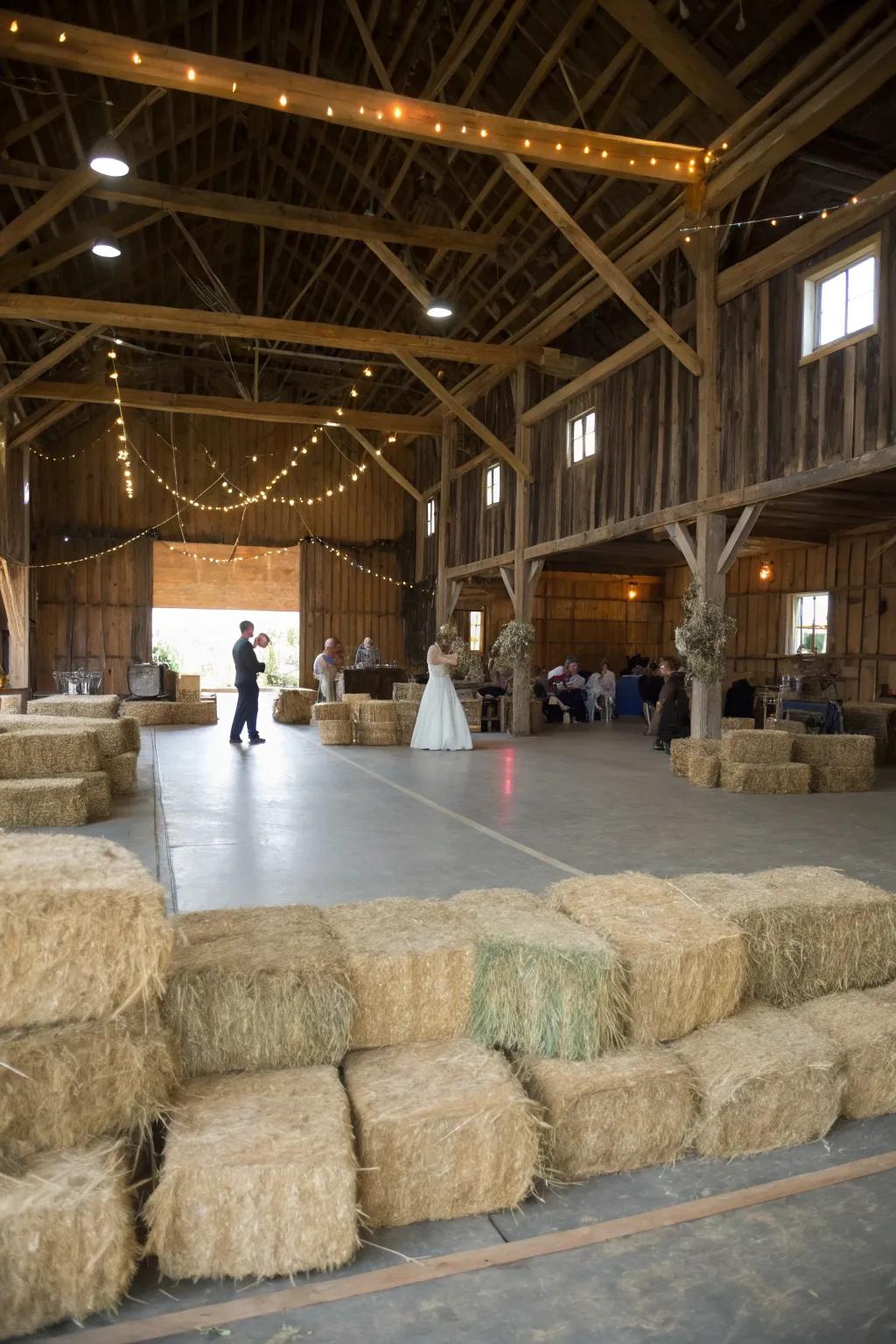 Straw seating offers both seating and a rustic decoration.
