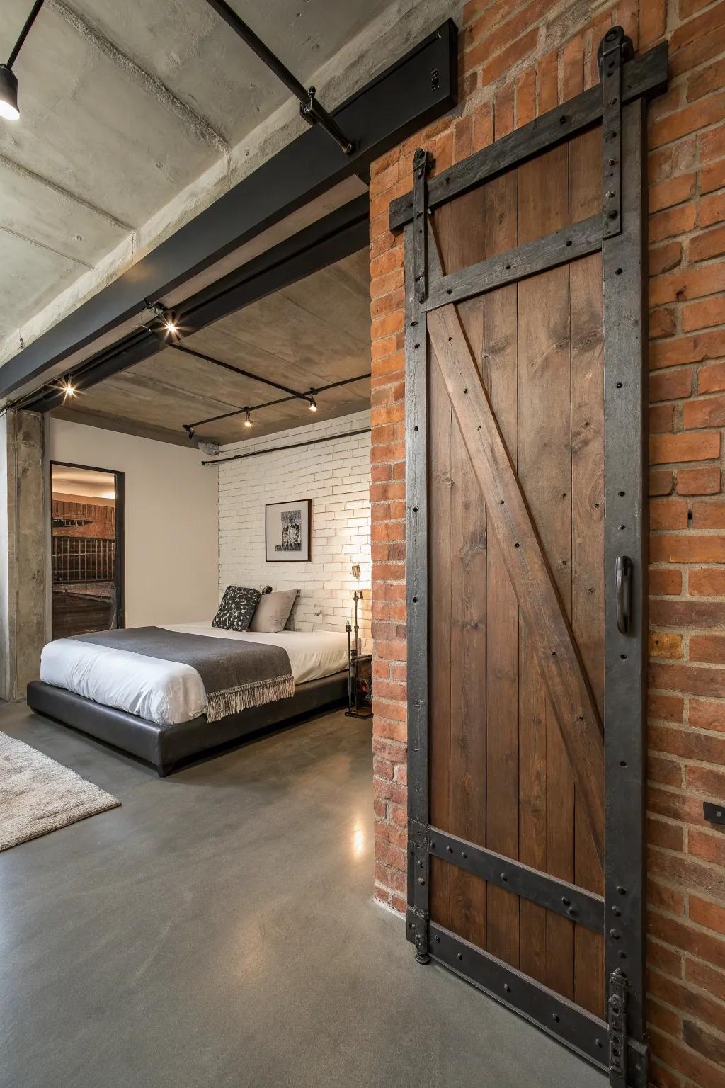 A factory-inspired bedroom featuring a barn door accentuated with metallic features.