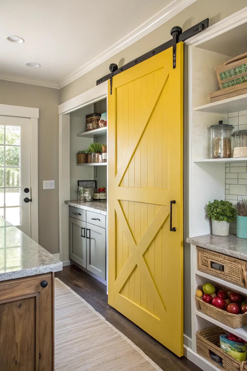 A kitchen featuring a brightly painted sliding barn door pantry.
