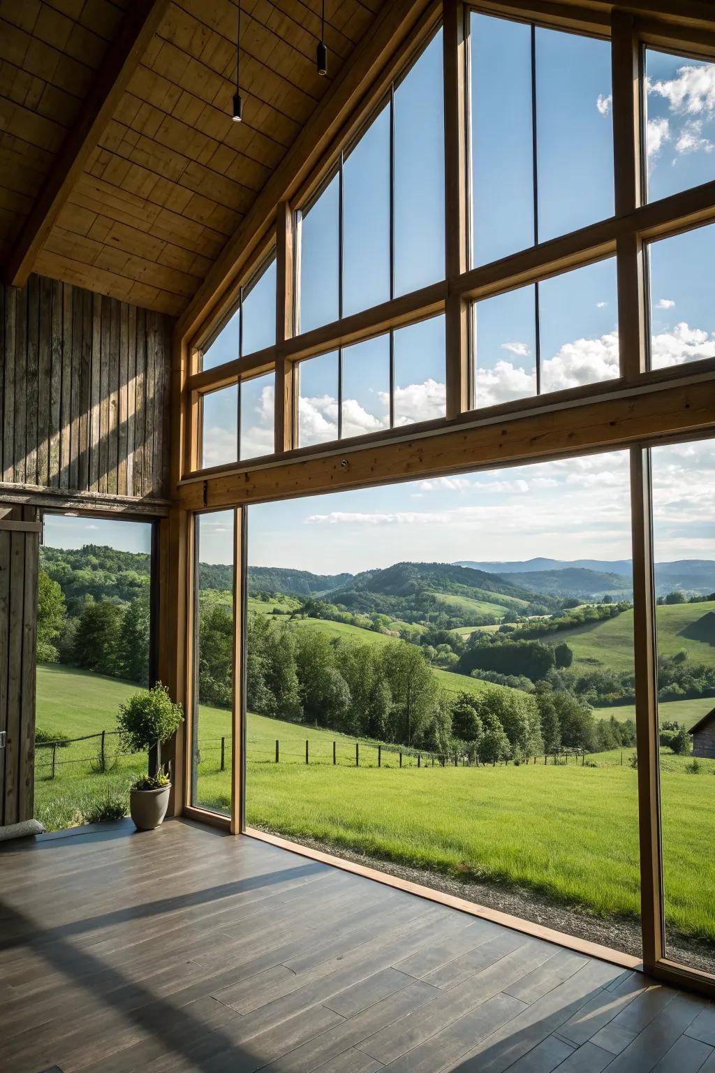 Expansive glass windows that fill the area with natural illumination and provide amazing views.