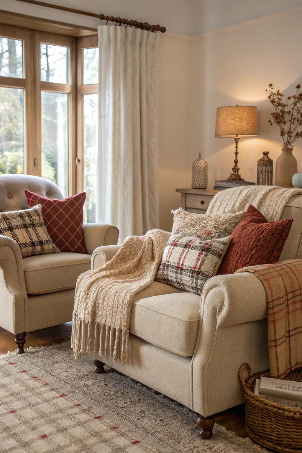 Comfortable home furnishings welcome leisure and warmth