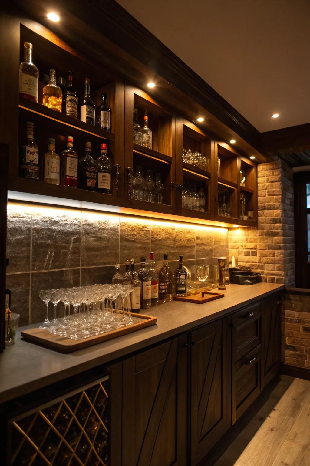 Beneath-cabinet lights bring coziness and dimension.