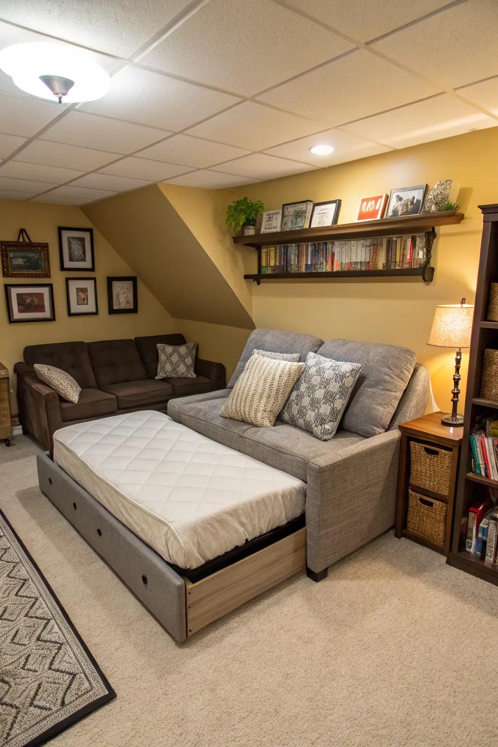 A storage bed and a convertible sofa maximize area in this budget-friendly basement bedroom.
