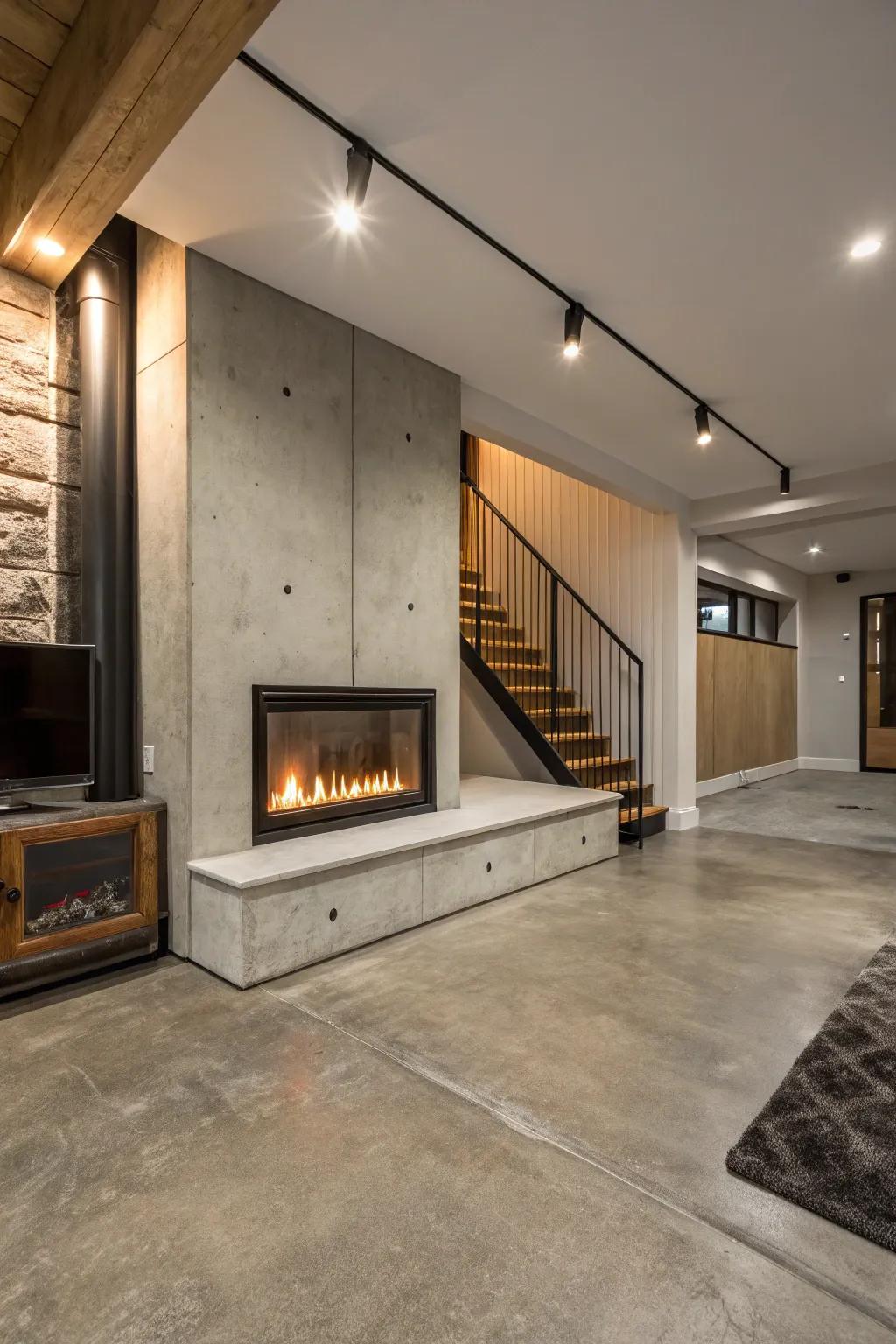 A fireplace and concrete floors combine to create an inviting and warm basement hideaway.