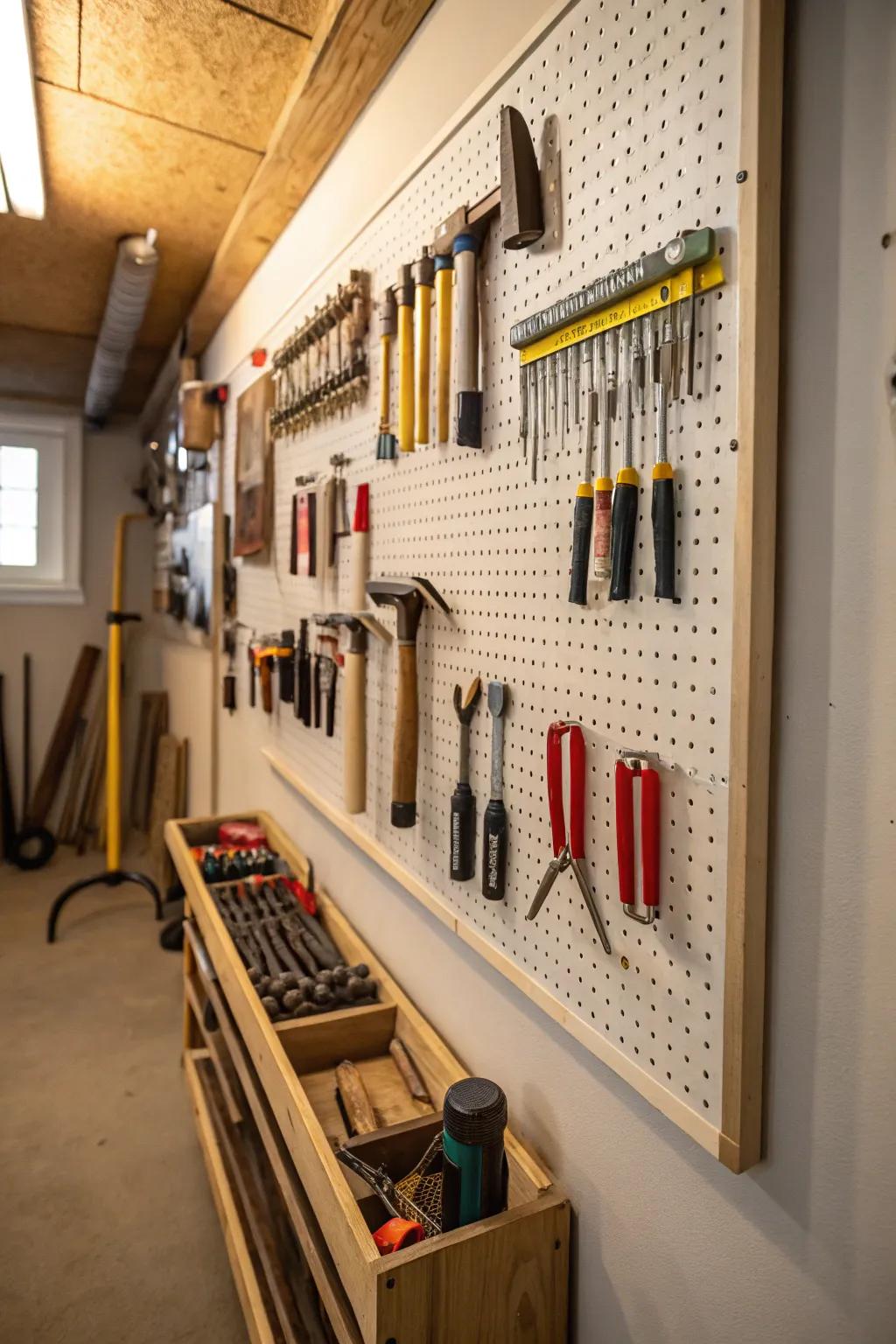 Pegboards provide an efficient storage solution for various tools.