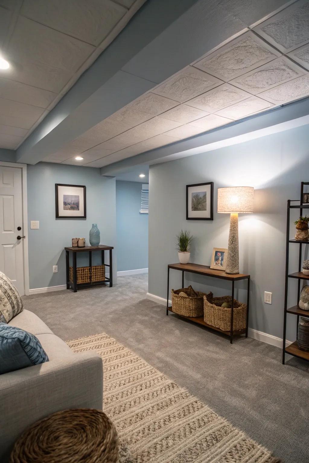 Subdued blue walls evoke a sense of peace and relaxation.