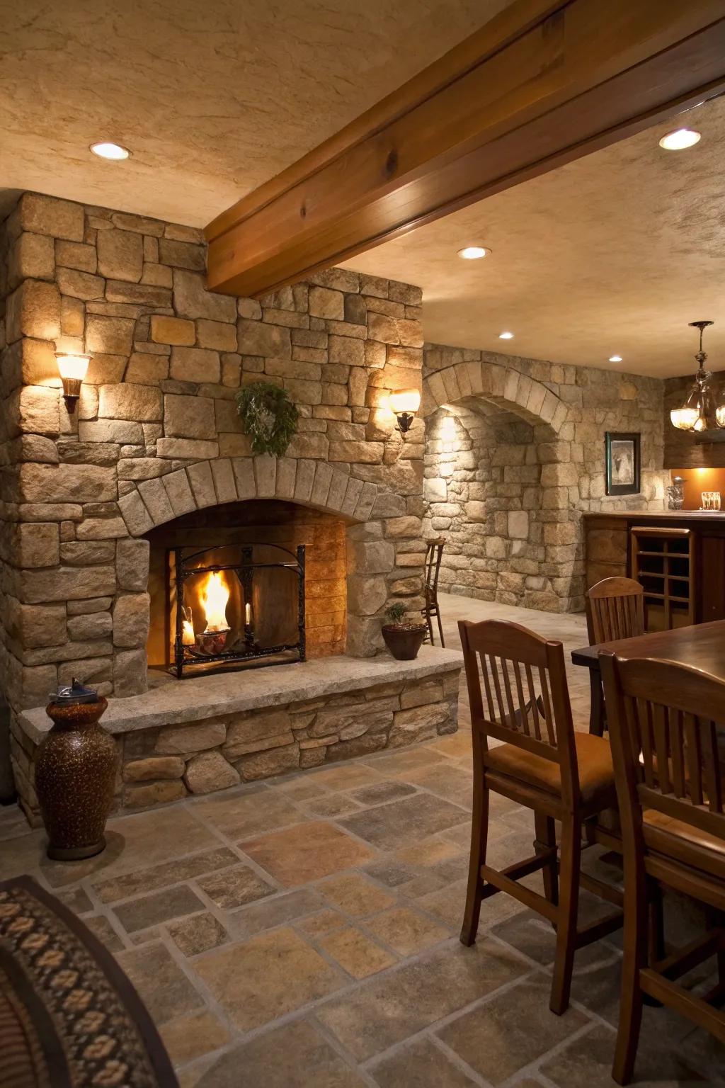 Stone panels infuse rustic charm and warmth into a basement environment.
