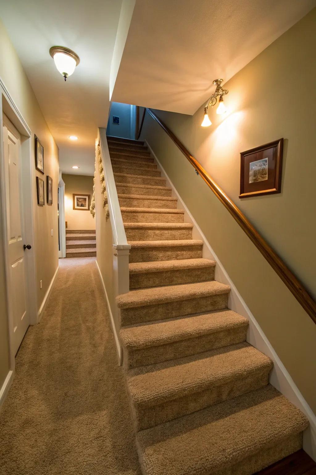 Carpet layering infuses comfort and protection to basement staircases.