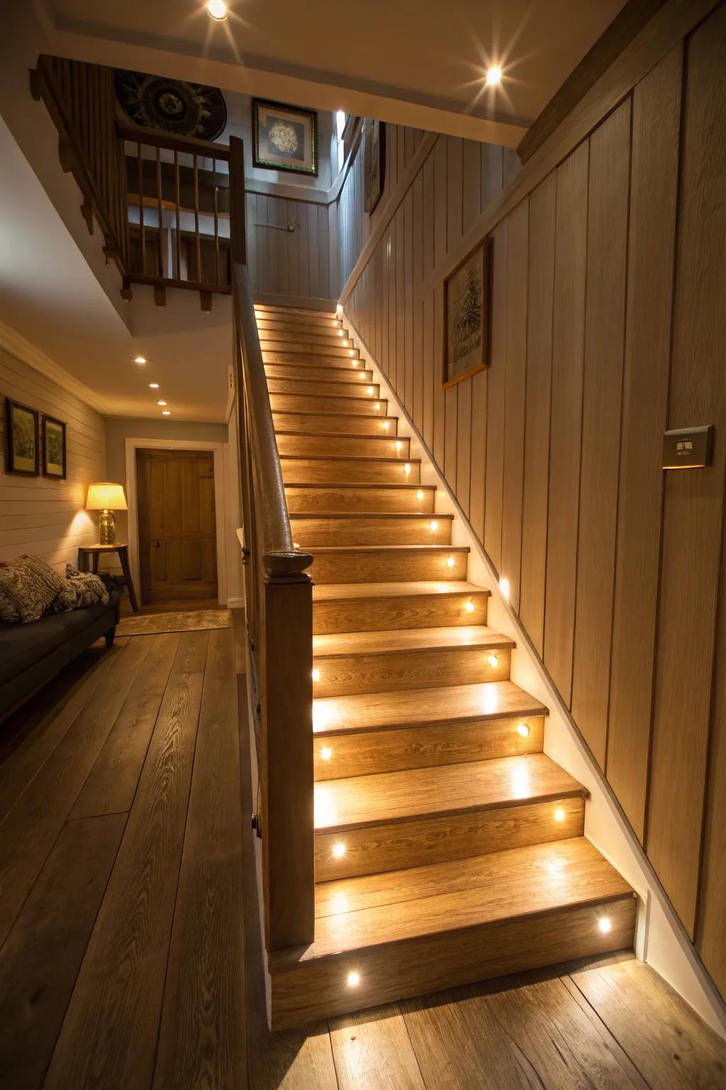 Brighten your basement stairs with ambient built-in lighting.