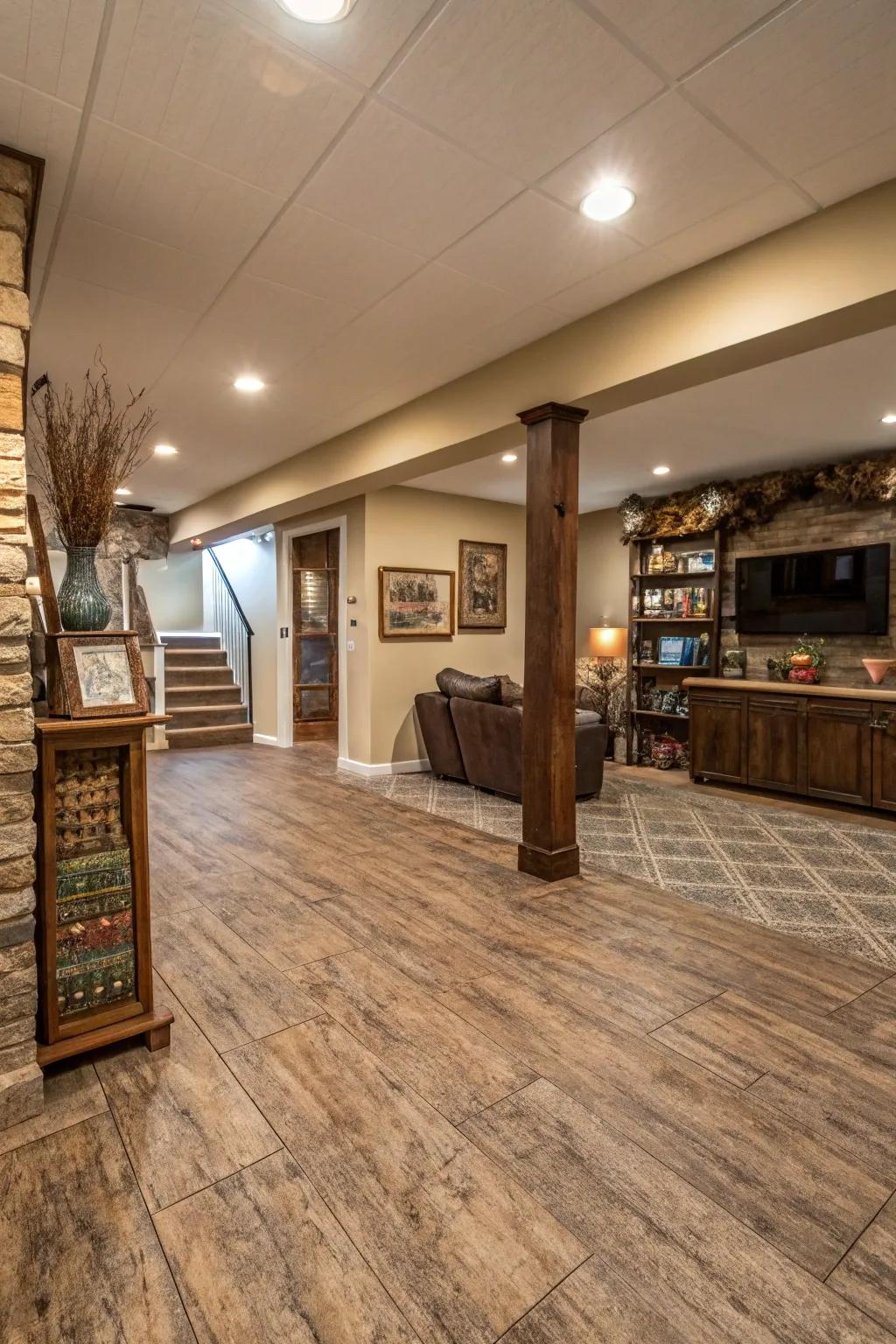 Textured vinyl flooring introduces profundity and coziness.