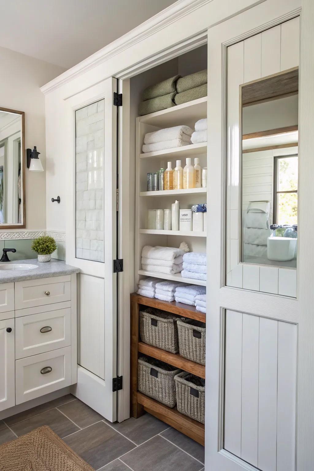 Built-in shelving incorporates functionality and storage.