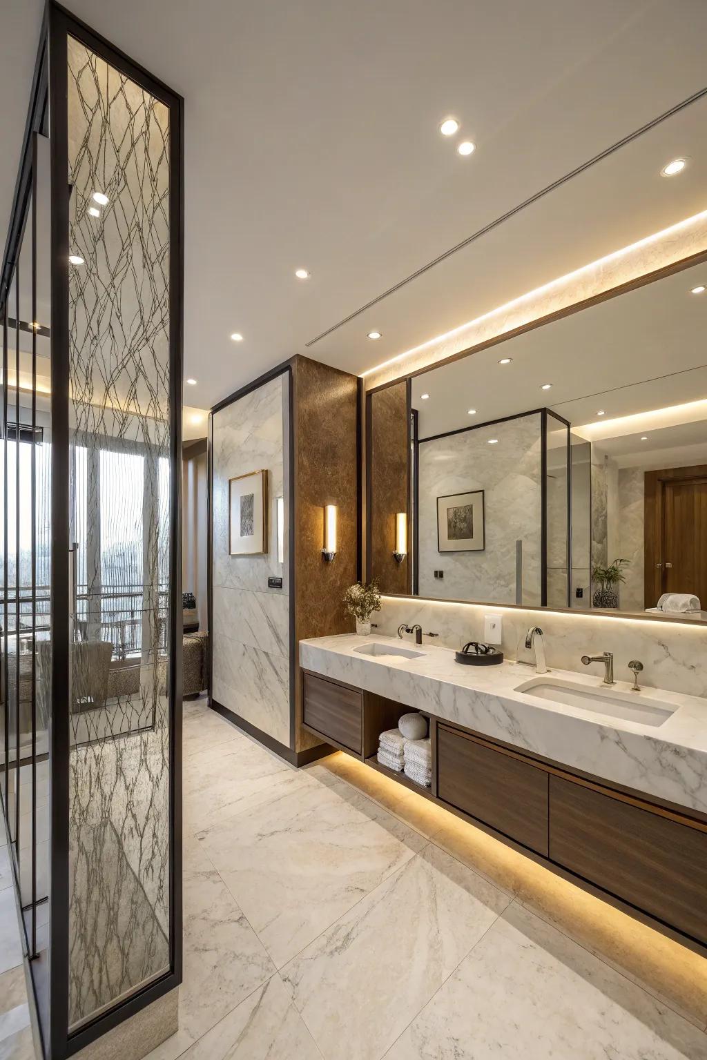 Dramatic floor-to-ceiling dividers effectively define zones.