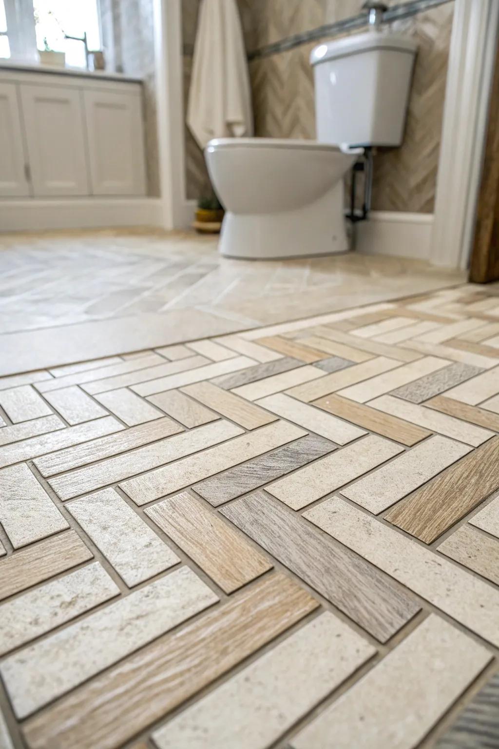 Herringbone designs infuse motion and sophistication into bathroom floors.